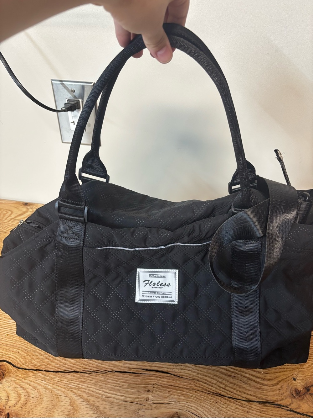 Black Quilted Travel Duffel Bag with Dual Handles + Black Crossbody